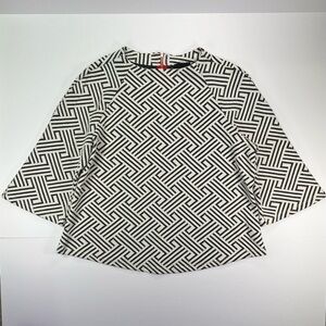 W5 Anthropologie 3/4 Sleeve Geometric Top w/Decorative Zipper - black/white, L